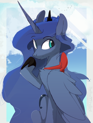 Size: 3650x4800 | Tagged: safe, artist:therealf1rebird, derpibooru import, princess luna, alicorn, pony, cute, female, horn, looking back, mare, solo, wings