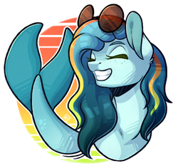 Size: 1024x954 | Tagged: safe, artist:ak4neh, derpibooru import, oc, oc only, merpony, sea pony, seapony (g4), artfight, blue mane, blue tail, eyes closed, female, fish tail, flowing tail, freckles, glasses, mare, simple background, smiling, solo, tail, teeth, transparent background, water