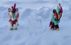 Size: 1024x654 | Tagged: safe, derpibooru import, photographer:pakapaka1993, autumn blaze, cinder glow, summer flare, kirin, pony, duo, ice, irl, japan, photo, plushie, snow, winter