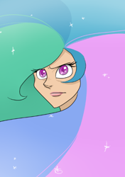 Size: 347x492 | Tagged: safe, artist:glitterypencils, derpibooru import, princess celestia, human, female, hair, humanized, looking at you, solo, sparkles