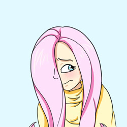 Size: 512x512 | Tagged: safe, artist:glitterypencils, derpibooru import, fluttershy, human, blue background, bust, clothes, female, hair over one eye, humanized, simple background, solo