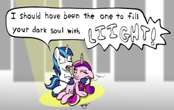 Size: 1543x974 | Tagged: safe, artist:ebbysharp, derpibooru import, princess cadance, shining armor, alicorn, pony, unicorn, derp, devil may cry, duo, light, signature, snorting, speech bubble