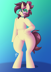 Size: 2894x4093 | Tagged: safe, artist:aidraws, derpibooru import, part of a set, oc, oc only, oc:ambiguity, semi-anthro, unicorn, bipedal, blushing, chest fluff, collar, eyebrows, eyeshadow, femboy, glasses, gradient background, green eyes, horn, lidded eyes, looking at you, makeup, male, mascara, ponytail, signature, smiling, smiling at you, smirk, smug, solo, stallion, tail, thighs