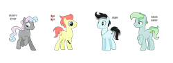 Size: 6324x2304 | Tagged: safe, artist:darbypop1, derpibooru import, oc, oc:craig, oc:rad riff, oc:salad swift, oc:sleepy sport, earth pony, pony, earth pony oc, male, raised hoof, raised leg, simple background, stallion, transparent background