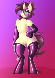 Size: 2894x4093 | Tagged: safe, artist:aidraws, derpibooru import, part of a set, oc, oc only, oc:ambiguity, semi-anthro, unicorn, bipedal, blushing, chest fluff, clothes, collar, eyebrows, eyeshadow, femboy, glasses, gradient background, green eyes, horn, latex, latex socks, latex stockings, lidded eyes, looking at you, makeup, male, mascara, ponytail, signature, smiling, smiling at you, smirk, smug, socks, solo, stallion, tail, thighs