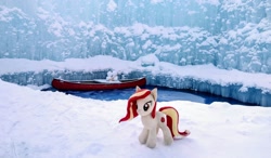 Size: 2048x1193 | Tagged: safe, derpibooru import, photographer:pakapaka1993, oc, oc only, oc:poniko, pony, boat, ice, irl, japan, paddle, photo, plushie, snow, snowman, solo, water, winter