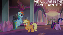 Size: 1280x720 | Tagged: safe, derpibooru import, edit, edited screencap, editor:quoterific, screencap, applejack, rainbow dash, twilight sparkle, twilight sparkle (alicorn), alicorn, earth pony, pegasus, pony, non-compete clause, season 8, spoiler:s08, applejack's hat, clothes, cowboy hat, eyes closed, female, flying, hat, mare, open mouth, school of friendship, smiling, wings