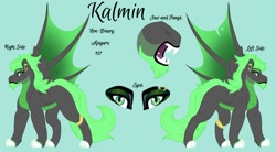 Size: 1488x823 | Tagged: safe, artist:teonnakatztkgs, derpibooru import, oc, oc only, oc:kalmin, bat wings, beard, colored hooves, facial hair, fangs, green background, makeup, reference sheet, simple background, wings