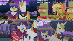 Size: 1280x720 | Tagged: safe, derpibooru import, edit, edited screencap, editor:quoterific, screencap, applejack, prince blueblood, rarity, earth pony, pony, unicorn, season 1, the best night ever, clothes, cowboy hat, dress, eyes closed, female, gala dress, hat, male, mare, open mouth, open smile, smiling, stallion