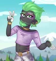 Size: 941x1026 | Tagged: safe, artist:maneblue, derpibooru import, oc, oc only, oc:kalmin, equestria girls, beard, choker, clothes, ear piercing, facial hair, makeup, male, midriff, mountain, outdoors, pants, peace sign, piercing, solo