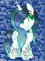 Size: 990x1336 | Tagged: safe, artist:yulianapie26, derpibooru import, oc, oc only, pony, unicorn, abstract background, base used, choker, eyelashes, female, grin, horn, mare, smiling, solo, tattoo, unicorn oc