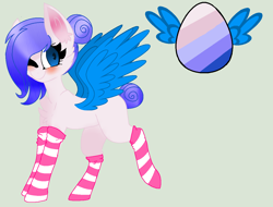 Size: 1224x932 | Tagged: safe, artist:yulianapie26, derpibooru import, oc, oc only, pegasus, pony, base used, clothes, egg, eyelashes, female, mare, one eye closed, pegasus oc, simple background, socks, solo, striped socks, wings, wink