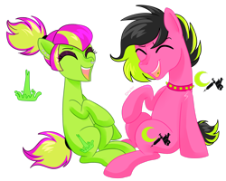 Size: 2738x2190 | Tagged: safe, artist:kaikururu, derpibooru import, oc, oc only, earth pony, pony, choker, duo, earth pony oc, female, laughing, male, mare, nose piercing, nose ring, open mouth, piercing, simple background, sitting, smiling, spiked choker, stallion, tongue piercing, transparent background