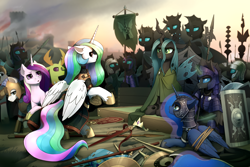 Size: 4000x2672 | Tagged: safe, artist:dipfanken, derpibooru import, princess cadance, princess celestia, princess luna, queen chrysalis, thorax, oc, oc:captain black lotus, alicorn, changedling, changeling, pony, armor, fine art parody, halberd, high res, king thorax, royal guard, shield, spear, surrender, weapon