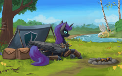 Size: 1920x1200 | Tagged: safe, artist:kirillk, derpibooru import, oc, oc only, oc:nyx, alicorn, griffon, pony, alicorn oc, horn, looking at you, river, solo focus, sword, tent, water, weapon, wings