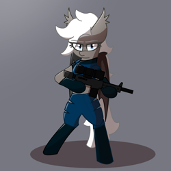 Size: 1080x1080 | Tagged: safe, artist:deltarainrum, derpibooru import, oc, oc only, oc:moonbeam, bat pony, bat pony oc, clothes, gun, looking at you, weapon