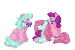 Size: 1280x854 | Tagged: safe, artist:itstechtock, derpibooru import, bubblegum brush, lily longsocks, sugar stix, oc, pony, female, filly, foal, lying down, prone, simple background, transparent background