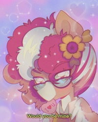 Size: 1638x2048 | Tagged: safe, artist:pierogarts, derpibooru import, oc, oc only, pegasus, pony, 90s anime, flower, flower in hair, glasses, holiday, mouth hold, solo, valentine's day