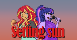 Size: 2367x1246 | Tagged: safe, artist:elisdoominika, derpibooru import, sci-twi, sunset shimmer, twilight sparkle, equestria girls, clothes, crying, dress, female, fist, lesbian, looking at each other, looking at someone, microphone, ponytail, scitwishimmer, shipping, smiling, smiling at each other, sunset, sunsetsparkle