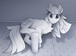 Size: 2440x1785 | Tagged: safe, artist:yakovlev-vad, derpibooru import, octavia melody, earth pony, pony, adorable distress, behaving like a cat, chest fluff, cute, female, frog (hoof), high res, looking at something, mare, misleading thumbnail, monochrome, observer, solo, underhoof