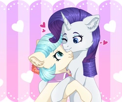 Size: 1843x1538 | Tagged: safe, artist:kadzumiisayu, derpibooru import, coco pommel, rarity, abstract background, commission, female, heart, heart eyes, hug, lesbian, marshmallow coco, one eye closed, shipping, wingding eyes, wink, ych result