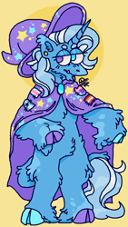 Size: 524x930 | Tagged: safe, artist:uppypups, derpibooru import, trixie, semi-anthro, unicorn, alternate design, cape, clothes, cloven hooves, colored hooves, ear piercing, earring, female, fluffy, gender headcanon, hat, headcanon, heterochromia, jewelry, leonine tail, lesbian pride flag, lgbt headcanon, mouthpiece, piercing, pride, pride flag, sexuality headcanon, simple background, snaggletooth, stargender, tail, trans female, trans trixie, transgender, transgender pride flag, trixie's cape, trixie's hat, yellow background