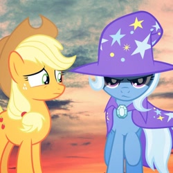 Size: 640x640 | Tagged: safe, artist:fruitypieq, derpibooru import, applejack, trixie, female, lesbian, shipping, tripplejack