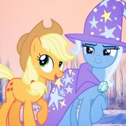 Size: 640x640 | Tagged: safe, artist:fruitypieq, derpibooru import, applejack, trixie, female, lesbian, shipping, tripplejack