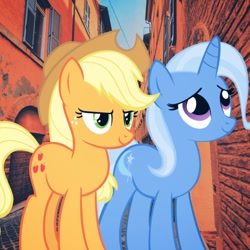 Size: 640x640 | Tagged: safe, artist:fruitypieq, derpibooru import, applejack, trixie, female, lesbian, shipping, tripplejack