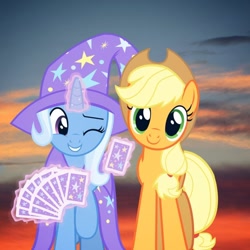 Size: 640x640 | Tagged: safe, artist:fruitypieq, derpibooru import, applejack, trixie, female, lesbian, shipping, tripplejack