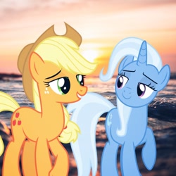 Size: 640x640 | Tagged: safe, artist:fruitypieq, derpibooru import, applejack, trixie, female, lesbian, shipping, tripplejack