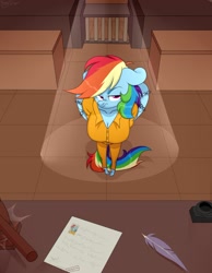 Size: 856x1103 | Tagged: safe, artist:shiny-dust, derpibooru import, rainbow dash, anthro, breasts, cleavage, clothes, commission, courtroom, frustrated, gavel, never doubt rainbowdash69's involvement, prison outfit, prisoner rd, rainboob dash, rainbow dash is not amused, unamused