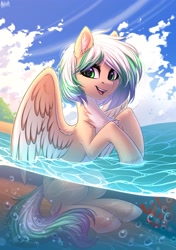 Size: 2500x3550 | Tagged: safe, artist:hakaina, derpibooru import, oc, oc only, pegasus, pony, bubble, chest fluff, cloud, coral, ear fluff, ears, multicolored mane, pegasus oc, solo, swimming, underwater, water