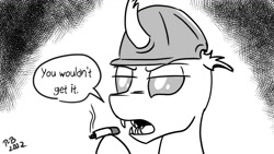 Size: 1200x675 | Tagged: safe, artist:pony-berserker, derpibooru import, oc, oc:berzie, pony-berserker's twitter sketches, cigarette, joker (2019), monochrome, pony-berserker's twitter sketches (2022), smoking