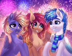 Size: 2048x1582 | Tagged: safe, artist:hakaina, derpibooru import, oc, oc only, oc:cosmic blaze, oc:nova rossi, oc:saphirblau, pegasus, pony, chest fluff, clothes, fireworks, scarf, striped scarf