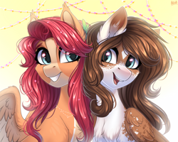 Size: 1920x1536 | Tagged: safe, artist:hakaina, derpibooru import, oc, oc only, oc:mabel, pegasus, pony, chest fluff, duo, ear fluff, ears, female, mare, open mouth, open smile, smiling