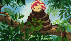 Size: 1884x1080 | Tagged: safe, artist:ocean lover, derpibooru import, edit, sunset shimmer, snake, better together, equestria girls, unsolved selfie mysteries, coils, eyes closed, head down, kaa, leaves, sleeping, squeeze, story included, tree, tree branch, wrapped up