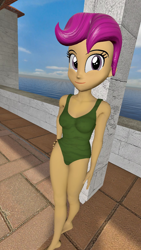 Size: 900x1600 | Tagged: safe, artist:oatmeal!, derpibooru import, scootaloo, equestria girls, 3d, clothes, gmod, green swimsuit, legs together, ocean, one-piece swimsuit, solo, swimsuit, tropical, water