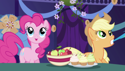 Size: 1920x1080 | Tagged: safe, derpibooru import, screencap, applejack, pinkie pie, earth pony, pony, friendship is magic, season 1, :o, apple, cupcake, duo, female, food, indoors, mare, o mouth, open mouth, ponyville town hall, raah!!!