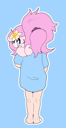 Size: 3075x5912 | Tagged: safe, artist:parfait, oc, oc only, oc:kayla, earth pony, human, pony, blue background, child, clothes, female, filly, flower, flower in hair, foal, holding a pony, human female, human ponidox, humanized, humanized oc, light blue background, ponytail, scrunchie, self ponidox, simple background, white outline