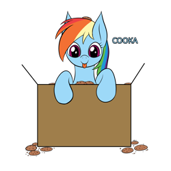 Size: 2508x2508 | Tagged: safe, artist:wapamario63, rainbow dash, pegasus, pony, blue coat, box, cookie, crumbs, cute, dashabetes, female, flat colors, food, looking at you, mare, multicolored mane, simple background, smiling, solo, tongue, tongue out, transparent background
