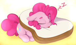 Size: 3000x1780 | Tagged: safe, artist:lockheart, derpibooru import, pinkie pie, earth pony, pony, bread, cat breading, cute, diapinkes, ears, eyes closed, female, floppy ears, food, gradient background, lying down, mare, onomatopoeia, pillow, pink coat, pink mane, pink tail, prone, sleeping, solo, sound effects, tongue, tongue out, weapons-grade cute, zzz