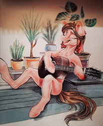 Size: 1653x2018 | Tagged: safe, artist:mithriss, derpibooru import, oc, oc only, earth pony, semi-anthro, chest fluff, guitar, musical instrument, plant, solo, traditional art