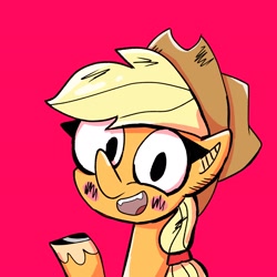 Size: 2048x2048 | Tagged: safe, artist:eveeyuwu, derpibooru import, applejack, earth pony, pony, blush sticker, blushing, bust, looking at you, open mouth, red background, simple background