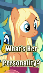 Size: 248x412 | Tagged: safe, derpibooru import, edit, edited screencap, screencap, amber grain, gallus, ocellus, sandbar, earth pony, griffon, pony, a rockhoof and a hard place, background pony, blonde, blonde mane, caption, cropped, cute, female, friendship student, image macro, male, mare, sitting, smiling, solo focus, text