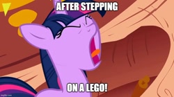 Size: 888x499 | Tagged: safe, artist:mlpfan3991, derpibooru import, edit, edited screencap, screencap, twilight sparkle, unicorn twilight, pony, unicorn, season 1, the ticket master, caption, eyes closed, golden oaks library, image macro, lego, meme, screaming, solo, text