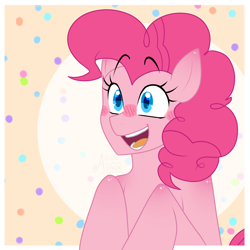 Size: 2500x2500 | Tagged: safe, artist:azulscrown1117, derpibooru import, pinkie pie, earth pony, pony, blushing, confetti, cute, diapinkes, female, mare, smiling, solo