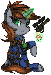 Size: 387x567 | Tagged: safe, artist:gloomradiancy, derpibooru import, oc, oc only, oc:littlepip, pony, unicorn, fallout equestria, clothes, fanfic, fanfic art, female, glowing, glowing horn, gun, handgun, hooves, horn, levitation, little macintosh, magic, mare, optical sight, pipbuck, revolver, scope, simple background, sitting, solo, telekinesis, transparent background, vault suit, weapon