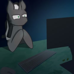 Size: 2560x2560 | Tagged: safe, artist:chgnk3r, derpibooru import, oc, pony, unicorn, computer, dark room, horn, keyboard