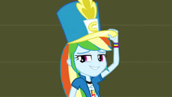 Size: 3410x1920 | Tagged: safe, derpibooru import, screencap, rainbow dash, equestria girls, friendship games, canterlot high, chs rally song, clothes, cute, cutie mark on clothes, dashabetes, female, feminism, hat, high res, rainbow dash always dresses in style, shirt, smiling, solo, sweatshirt, t-shirt